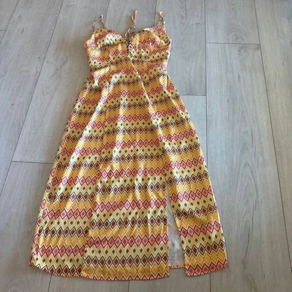 Urban Outfitters Mariah Lace-Up Midi Slip Dress - Golden Yellow Geometric Print